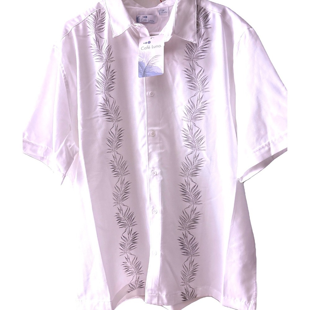 🎉BOGO 1/2🎉 NWT Cafe Luna Mens XL White Palm Leaf Embroidered Button Down Shirt